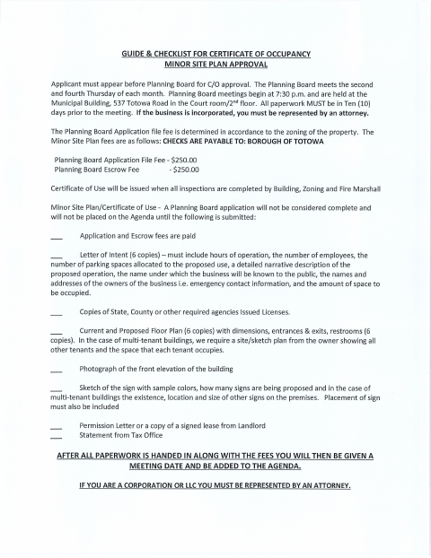 First page of the Minor Site Plan and Certificate of Use Development Application