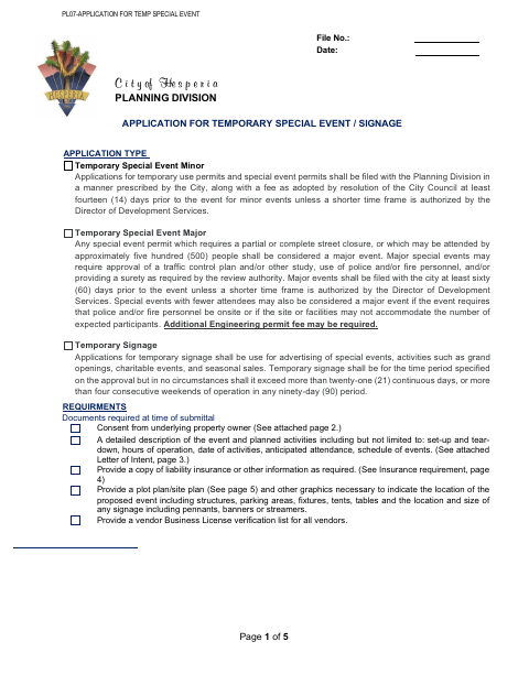 First page of the Application for Temporary Special Event / Signage