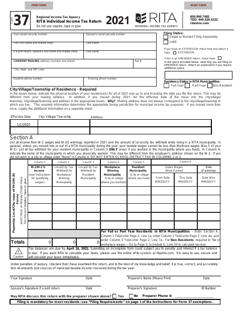 First page of the RITA Individual Income Tax Return