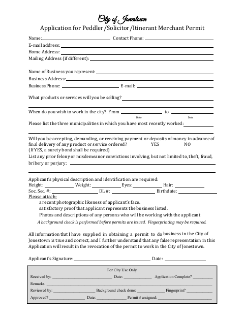 First page of the Peddler/Solicitor/Itinerant Merchant Permit Application
