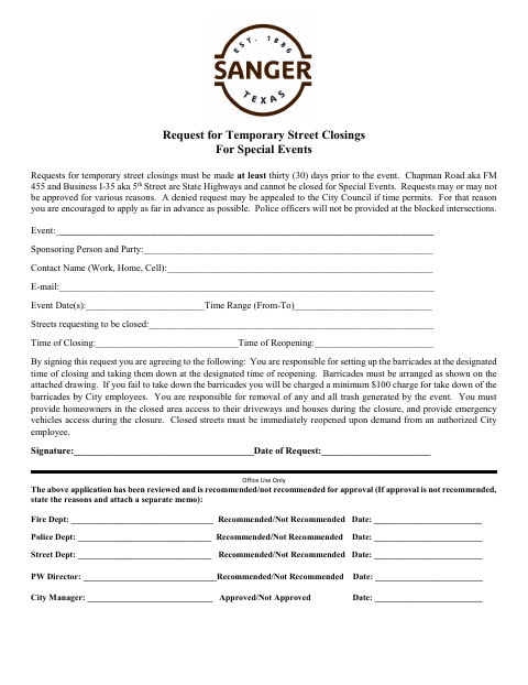 First page of the Request for Temporary Street Closings for Special Events