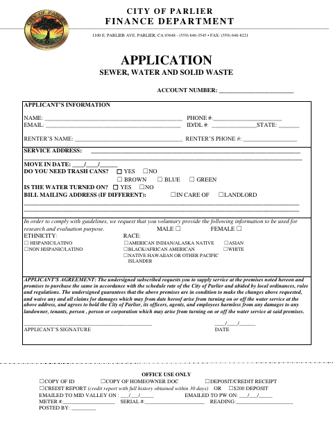 First page of the Sewer, Water and Solid Waste Application