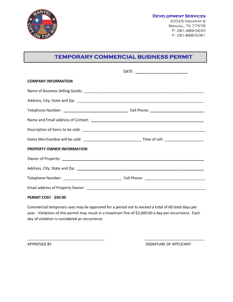 First page of the Temporary Commercial Business Permit Application