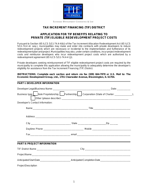 First page of the Tax Increment Financing District Application for TIF Benefits