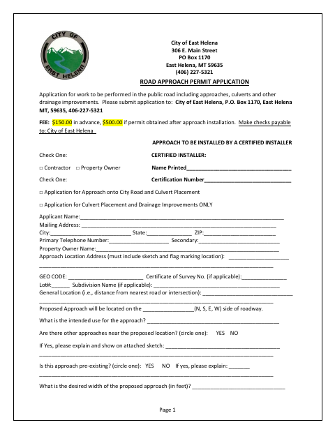 First page of the Road Approach Permit Application