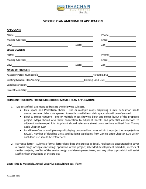 First page of the Specific Plan Amendment Application