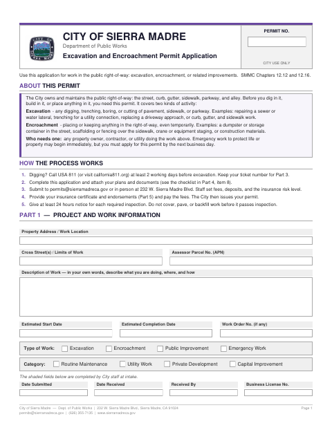 First page of the Excavation and Encroachment Permit Application