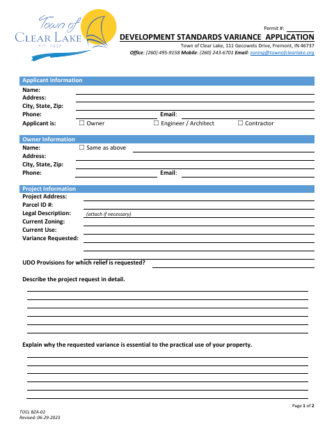 First page of the Development Standards Variance Application