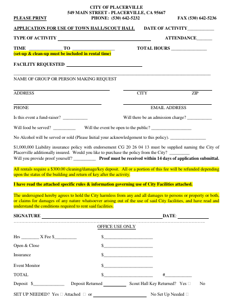 First page of the Application for Use of Town Hall/Scout Hall