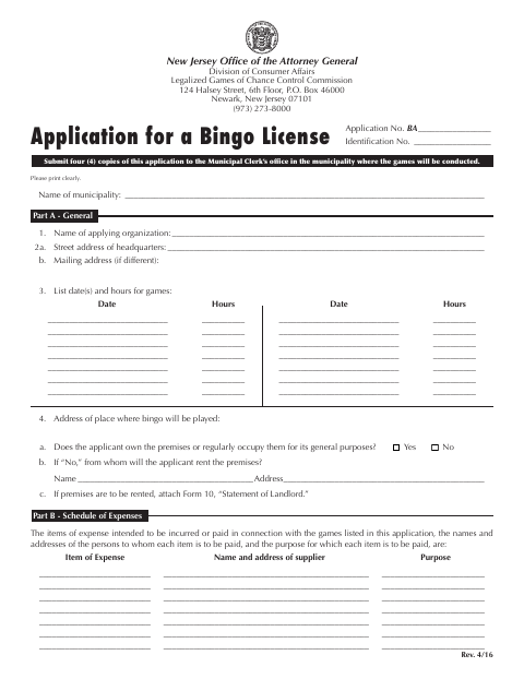 First page of the Application for a Bingo License