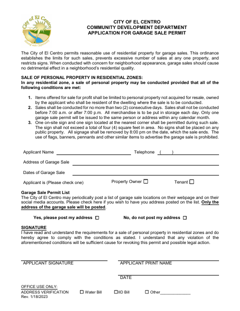 First page of the Application for Garage Sale Permit
