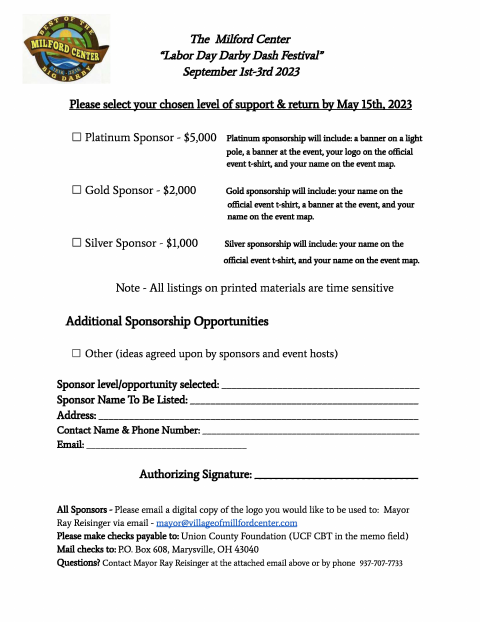 First page of the Labor Day Darby Dash Sponsor Form