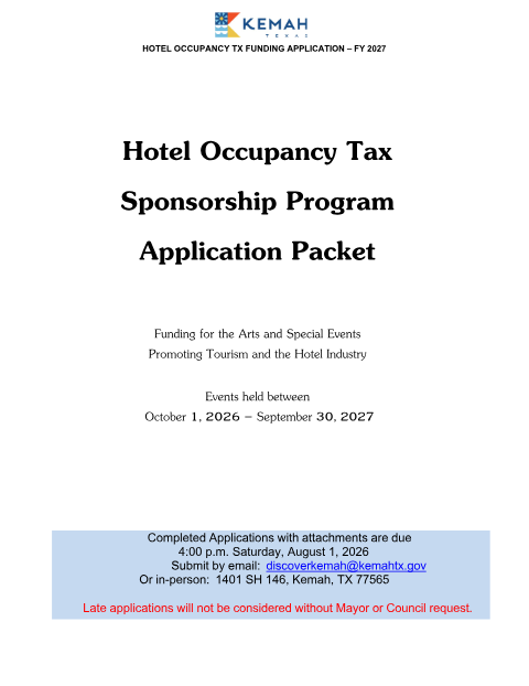First page of the Hotel Occupancy Tax Sponsorship Application FY 2027