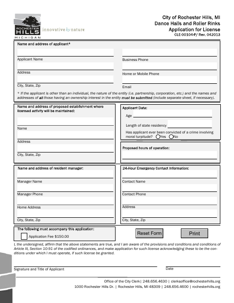 First page of the Dance Hall / Roller Rink License Application