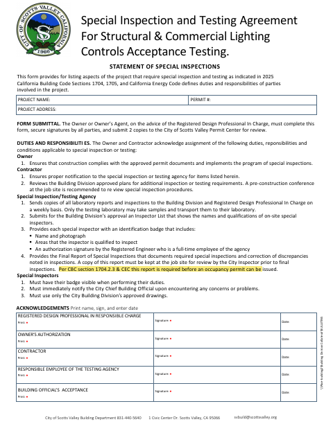 First page of the Special Inspection and Testing Agreement for Structural and Commercial Lighting Controls Acceptance Testing