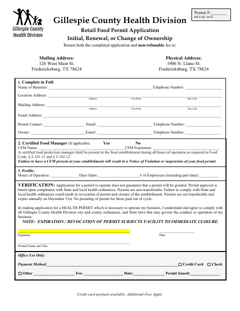 First page of the Retail Food Permit Application