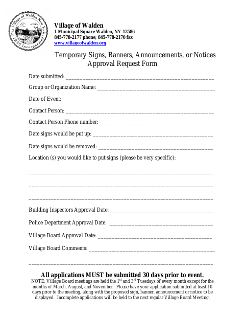 First page of the Temporary Signs, Banners, Announcements, or Notices Approval Request Form