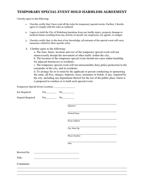 First page of the Temporary Special Event Hold Harmless Agreement