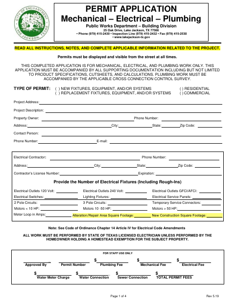 First page of the Mechanical, Electrical, Plumbing, and Irrigation Permit Application