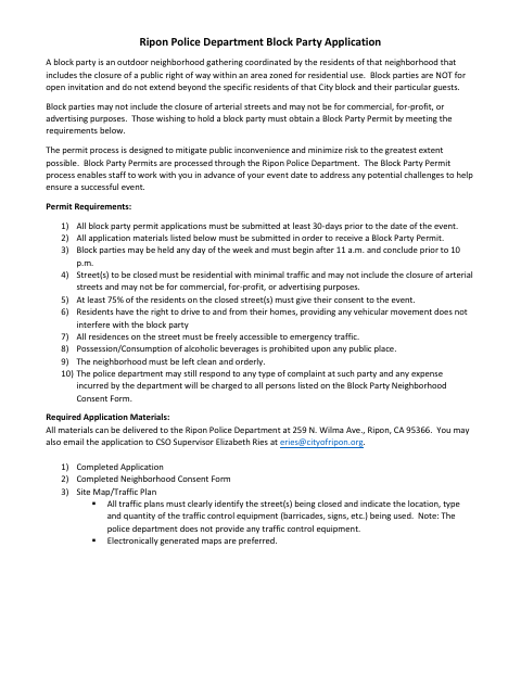 First page of the Block Party Application