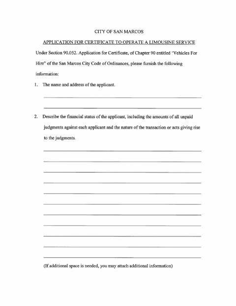 First page of the Limousine Service Certificate Application