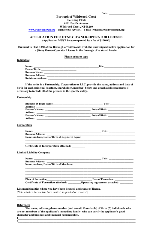 First page of the Application for Jitney Owner-Operator License