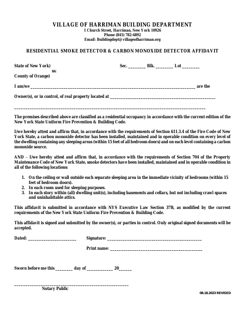 First page of the Residential Smoke Detector and Carbon Monoxide Detector Affidavit