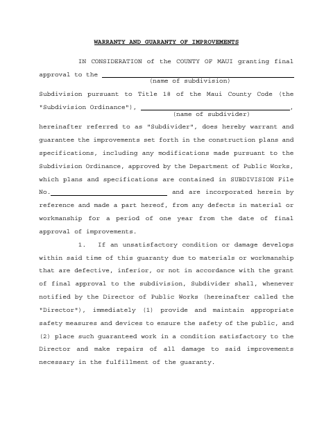 First page of the Warranty and Guaranty of Improvements