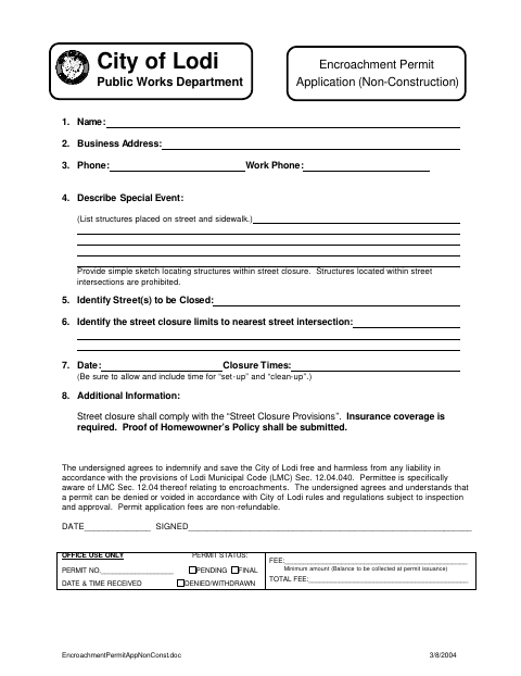 First page of the Encroachment Permit Application (Non-Construction)