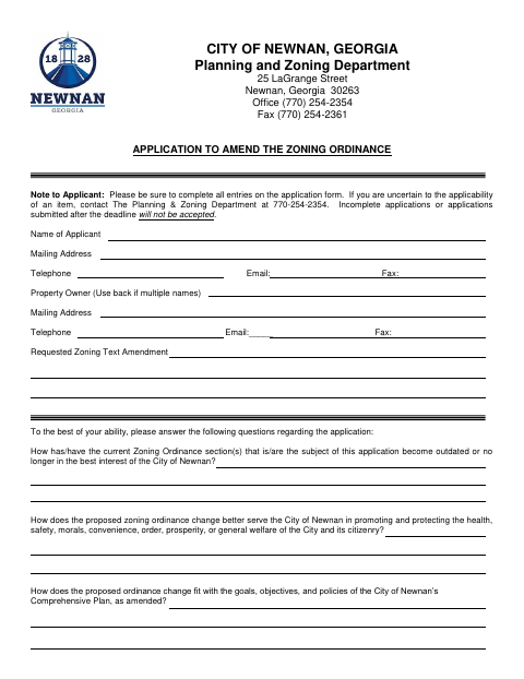 First page of the Application To Amend The Zoning Ordinance