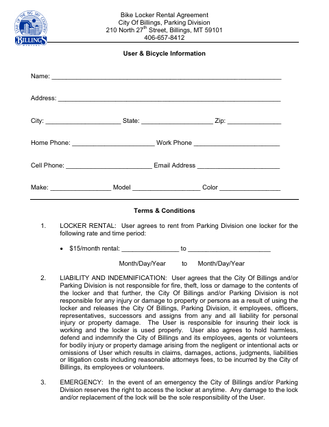 First page of the Bike Locker Rental Agreement