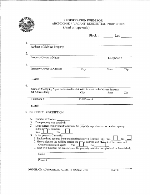 First page of the Abandoned/Vacant Residential Properties Registration Form