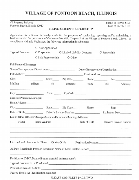 First page of the Business License Application