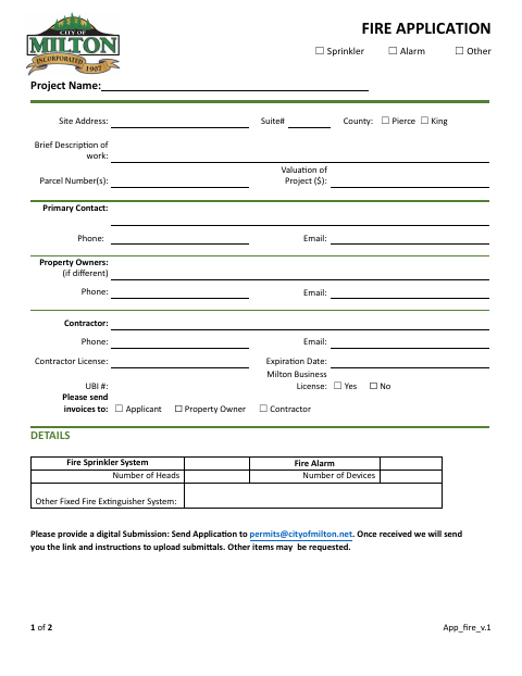 First page of the Fire Sprinklers and Alarms Application