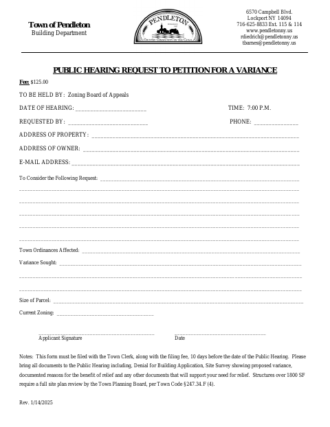First page of the Public Hearing Request to Petition for a Variance