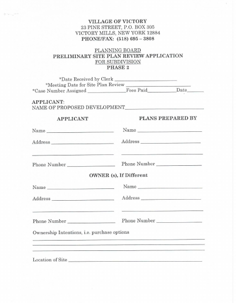 First page of the Preliminary Site Plan Review Application for Subdivision Phase 2