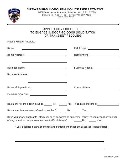 First page of the Application for License to Engage in Door-to-Door Solicitation or Transient Peddling
