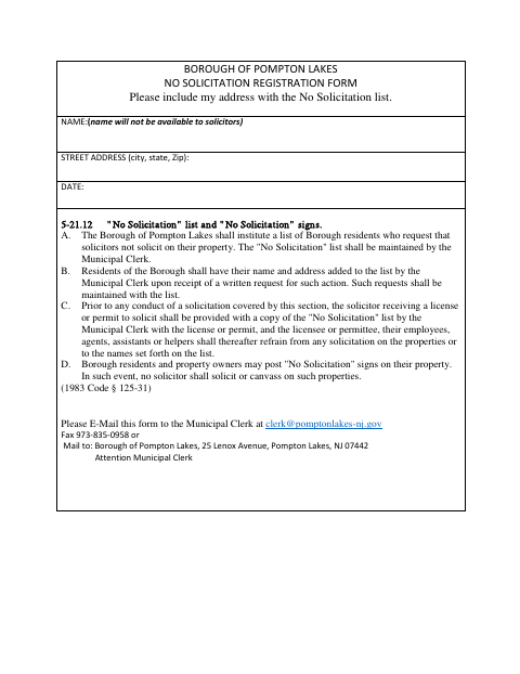 First page of the No Solicitation Registration Form