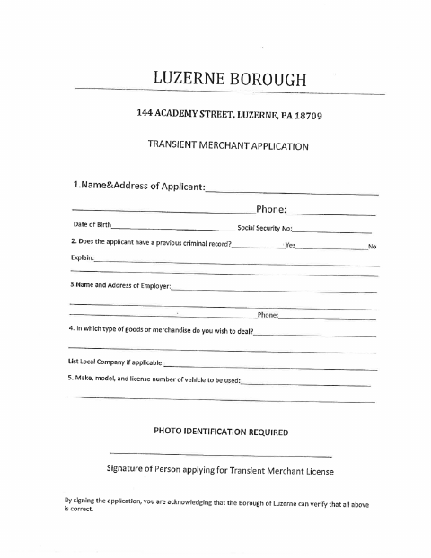 First page of the Transient Merchant Application