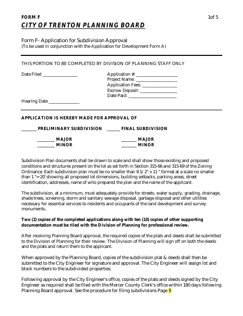 First page of the Form F – Application for Subdivision Approval