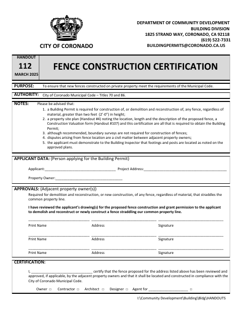 First page of the Fence Construction Certification