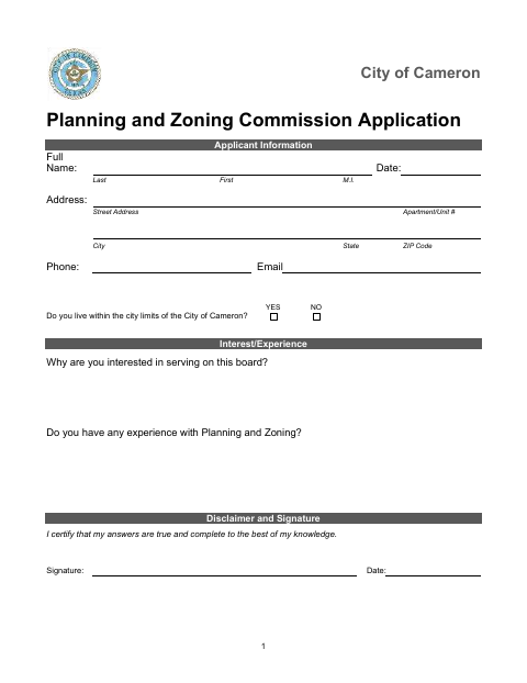 First page of the Planning and Zoning Commission Application