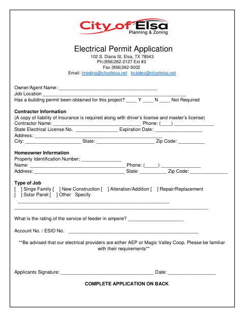 First page of the Electrical Permit Application
