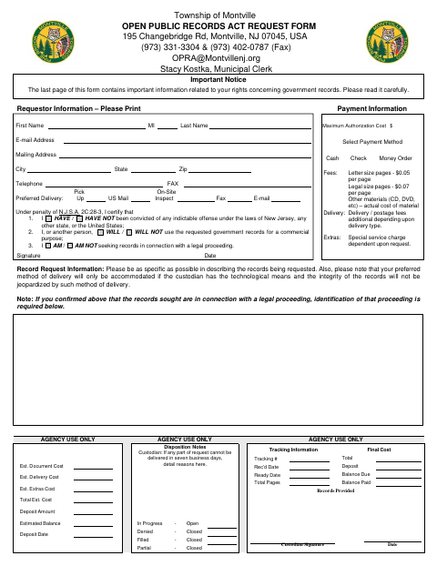 First page of the Open Public Records Act Request Form