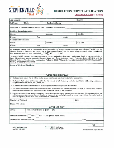 First page of the Demolition Permit Application