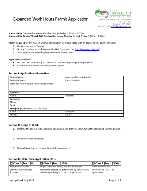 First page of the Expanded Work Hours Permit Application Form