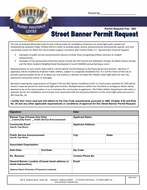First page of the Street Banner Application Form