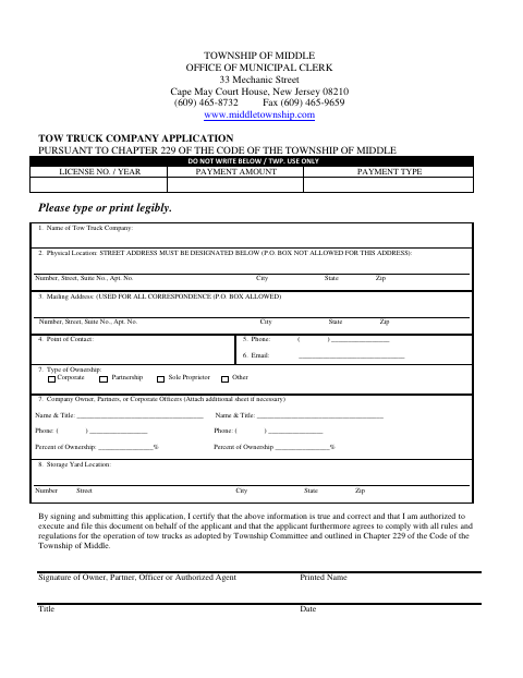 First page of the Tow Truck Company Application