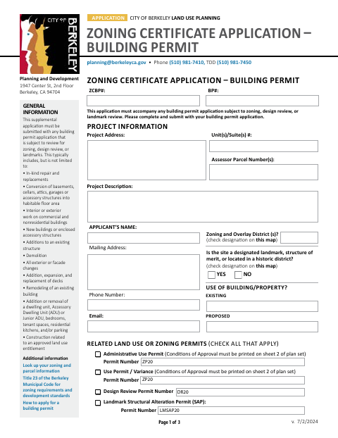 First page of the Zoning Certificate Application for Building Permit