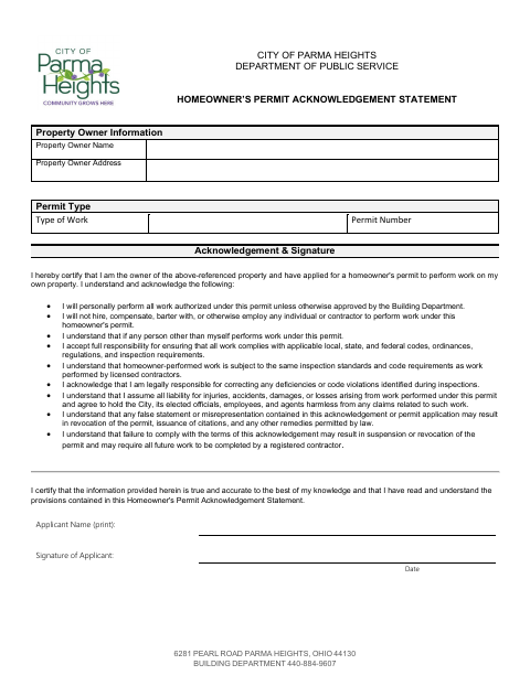 First page of the Homeowner's Permit Acknowledgement Statement